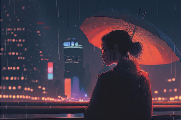 Samotna kobieta trzymająca parasol w nocnym mieście Koncepcja fantasy Malarstwo ilustracyjne Generatywna sztuczna inteligencja