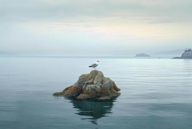 Samotna mewa stojąca na skale w morzu