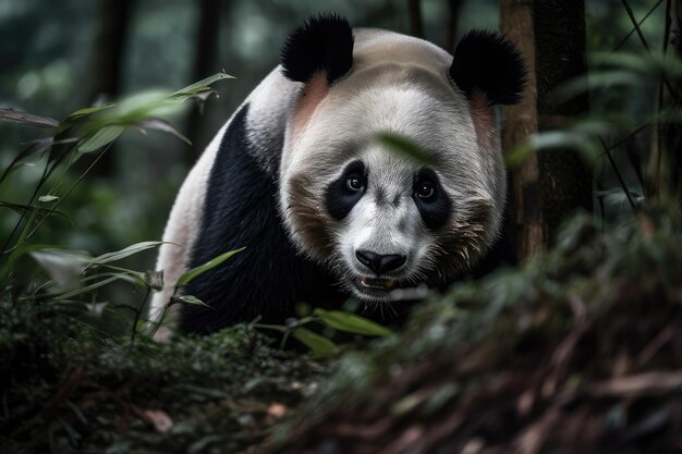 Samotna panda degustująca pędy w lesie bambusowym generatywny IA