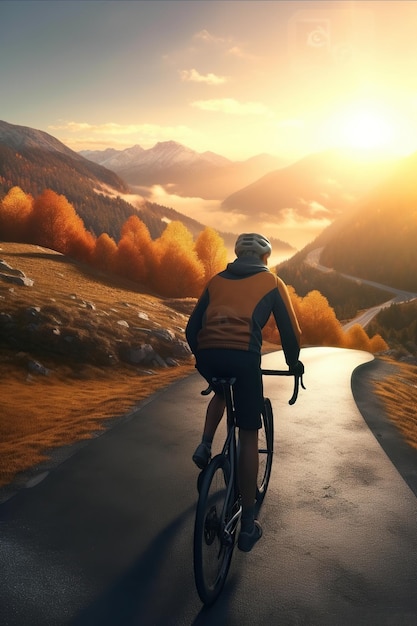 Samotna podróż rowerzysty w pięknym górskim zachodzie słońca