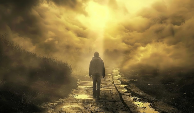 Zdjęcie samotna postać idąca w kierunku światła na mgławej brukowanej ścieżce o świcie