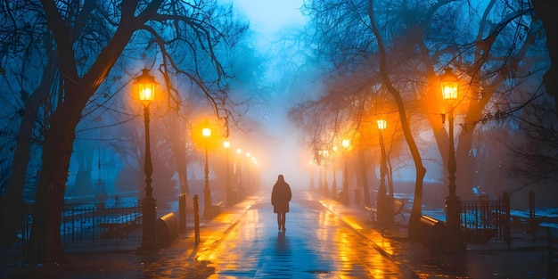 Samotna postać spacerująca po mglistej alejce w parku w nocy Koncepcja Samotność Mglista Noc Park Samotność Spacerowanie