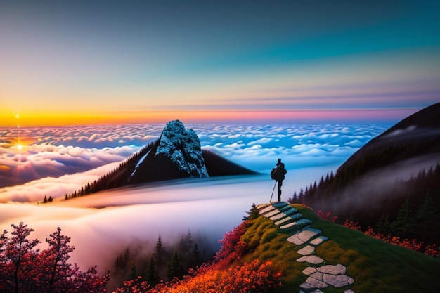 Zdjęcie samotna postać stoi na szczycie mglistej górskiej szczyty patrząc na zapierający oddech wschód słońca romantyzm