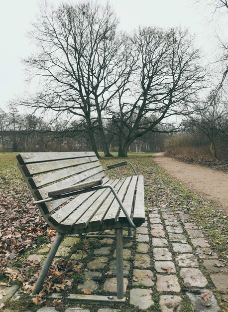 Samotna stara drewniana ławka na świeżym powietrzu w Brunevang, Rodovre, Dania