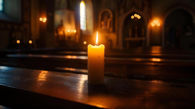 Samotna świeca płonie w ciemnym kościele migoczące światło rzuca cienie na ściany i podłogę