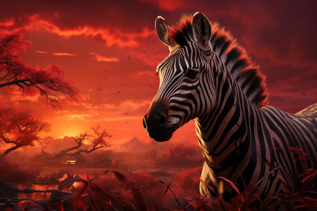 Samotna zebra na sawannie o zmierzchu kontrastuje z generatywnym IA pomarańczowym niebem