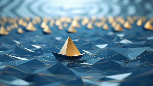 Samotna złota łódź origami prowadząca flotę niebieskich na falistycznej cyfrowej sieci oceanu