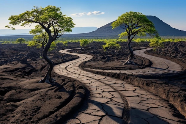 Samotne drzewa rosnące na wulkanicznej ziemi