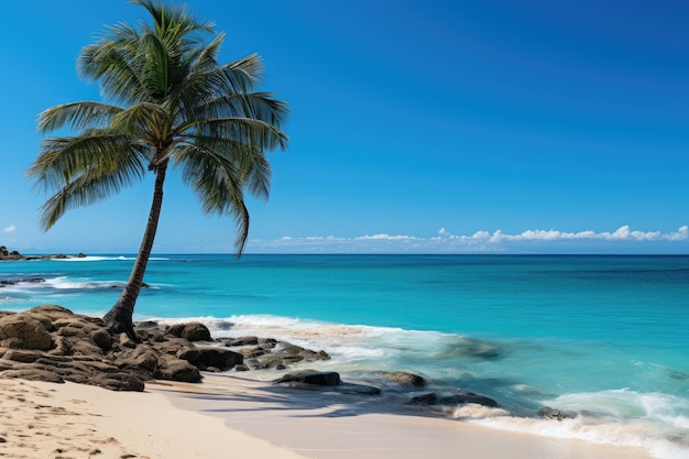 Samotne drzewo kokosowe na bezludnej plaży generatywnej IA