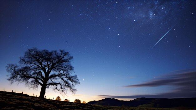 Zdjęcie samotne drzewo na polu ze spadającą gwiazdą na niebie