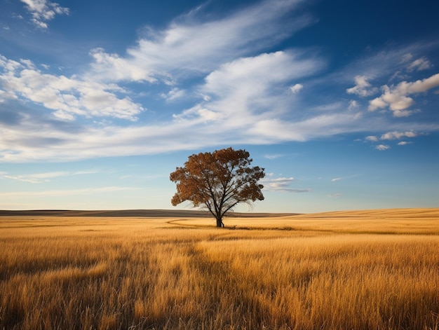 Samotne drzewo na polu złotej trawy