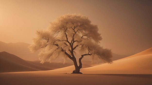 Samotne drzewo na pustyni o zachodzie słońca generatywne ai