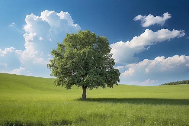 Samotne drzewo na tle nieba i łąki latem