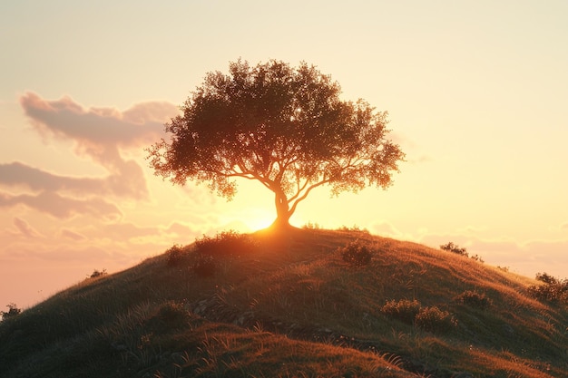 Samotne drzewo na wzgórzu przy zachodzie słońca