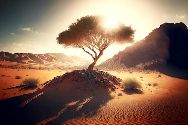 Samotne drzewo rosnące na wzgórzu pod palącymi promieniami słońca na pustyni