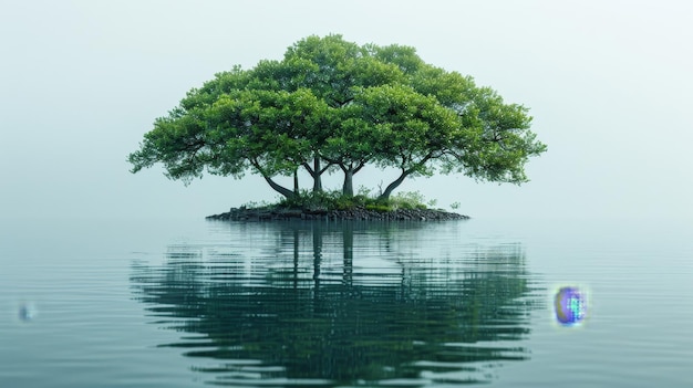 Zdjęcie samotne drzewo siedzące na małej wyspie w środku wody