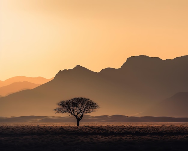 Samotne drzewo stoi na pustyni z górami w tle.