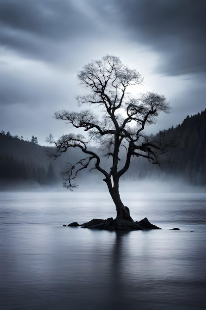 Samotne drzewo stoi w jeziorze z pochmurnym niebem za nim.