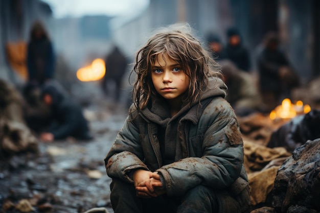 Samotne, przerażone dziecko bez rodziców w wojnie na Ukrainie