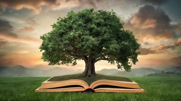 Samotne wielkie drzewo rosnące na starożytnych książkach jak obraz w literaturze
