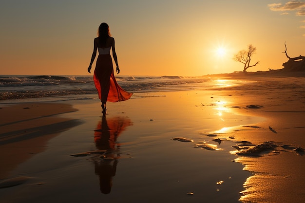 Samotność o wschodzie słońca młoda kobieta w białej sukni spaceruje po plaży