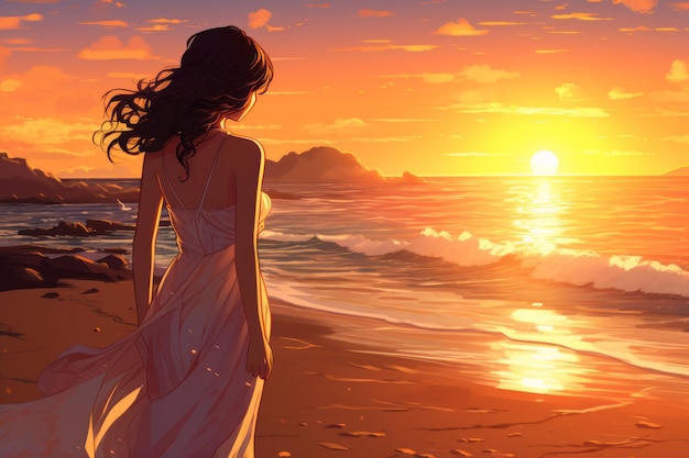 Samotność o zachodzie słońca Urzekająca kobieta z anime spacerująca do słońca na plaży Generacyjna AI
