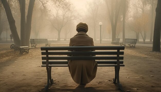 Samotność w naturze Jeden mężczyzna siedzący na ławce cieszący się spokojem generowanym przez sztuczną inteligencję