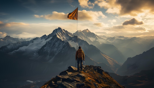 Zdjęcie samotny alpinista stojący triumfalnie na szczycie góry