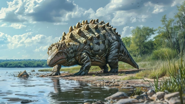 Samotny ankylosaurus może być widziany leżąc nad wodą używając swojego opancerzonego pleca, aby chronić się przed
