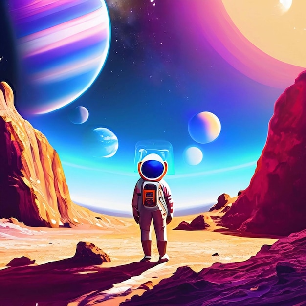 Samotny astronauta w skafandrze kosmicznym stojący na Księżycu i patrzący na odległą Ziemię