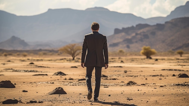 Samotny biznesmen odchodzący na pustyni wygenerowany przez sztuczną inteligencję