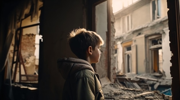 Samotny chłopiec stoi i patrzy na zniszczone miasto z zniszczonej wojny lub koncepcji trzęsienia ziemi