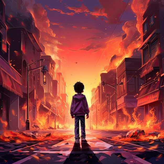 Samotny chłopiec z kreskówki idący sam na ulicy z uśmiechniętą twarzą niszczący ilustrację kreskówki miasta