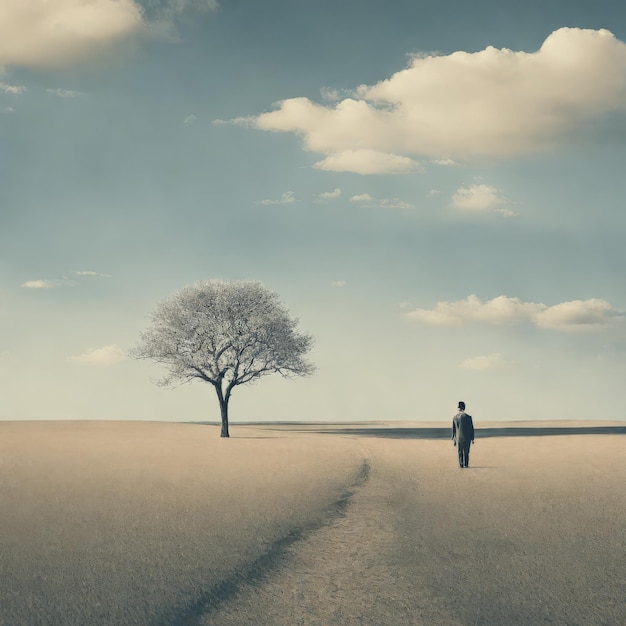 Samotny człowiek idący sam na polu Samotny mężczyzna idący samotnie na polu