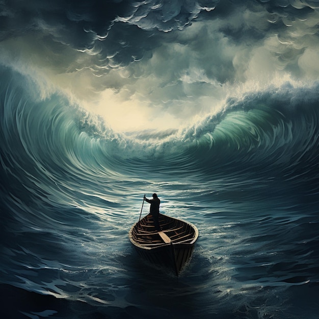Samotny człowiek w łodzi wiosłowej na burzliwym oceanie
