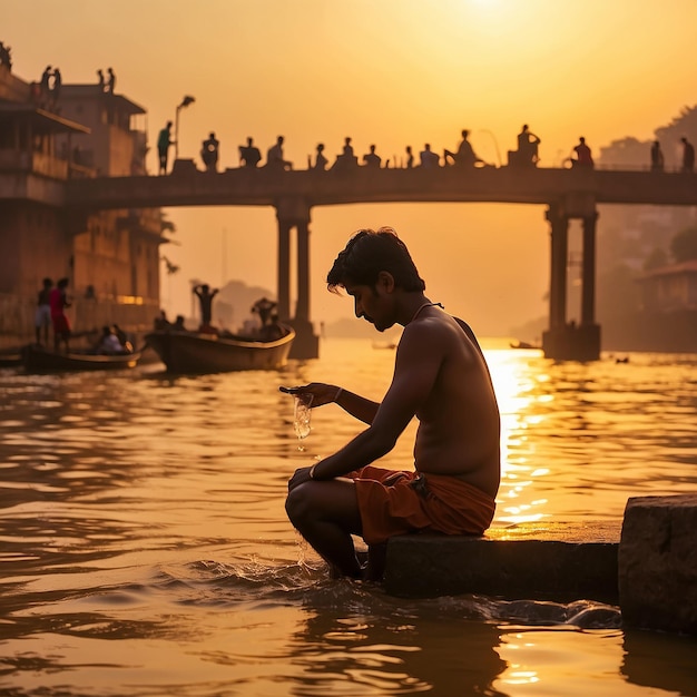 Samotny człowiek zostaje nad rzeką w czasie zachodu słońca.