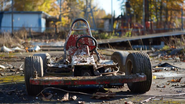 Samotny gokart siedzi opuszczony na parkingu, jego niegdyś jasne kolory są teraz wyblakłe i łuszczące się, a opony są puste.