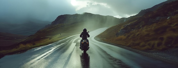 Samotny jeździec na mokrej autostradzie pod mrocznym niebem