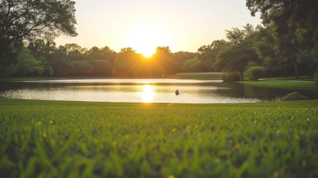 Samotny kajakarz wiosłuje po spokojnym jeziorze o zachodzie słońca