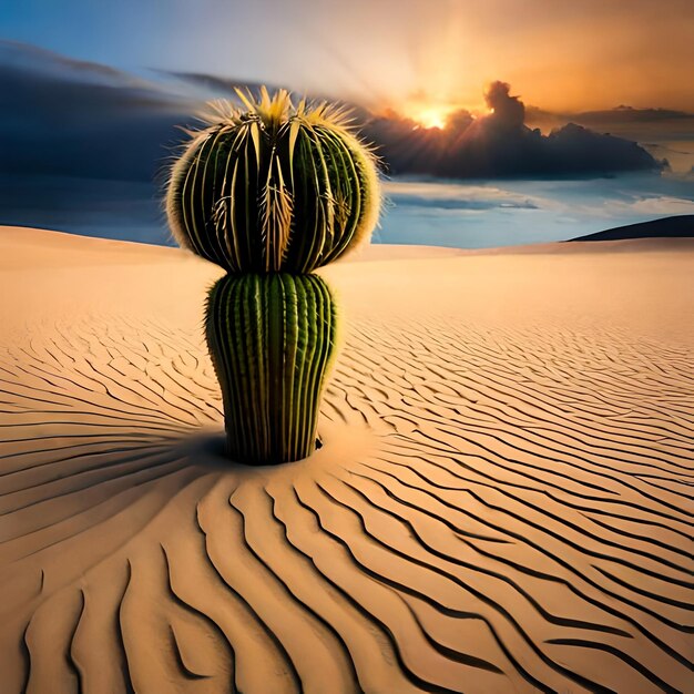 Zdjęcie samotny kaktus stojący wysoko pośrodku ogromnej przestrzeni piasku