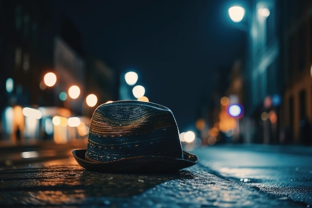 Samotny kapelusz na chodniku w świetle księżyca Generatywna sztuczna inteligencja