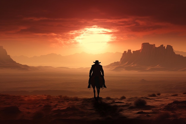 Zdjęcie samotny kowboj, zachodzące słońce rzuca długie cienie 00179 03