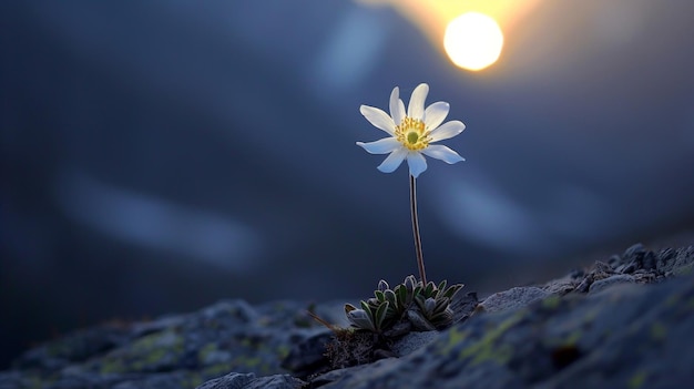 Samotny kwiat kwitnie na zboczu góry, jego płatki świecą w świetle księżyca.