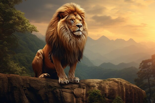 Samotny lew stojący dumnie na małym wzgórzu Lew Judy emitujący siłę i moc duży samiec lew Obraz o zwierzęcie