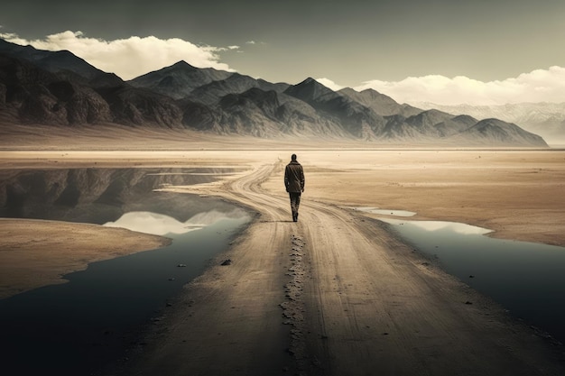 Samotny mężczyzna, który szedł od drogi do brzegu jeziora na pustyni