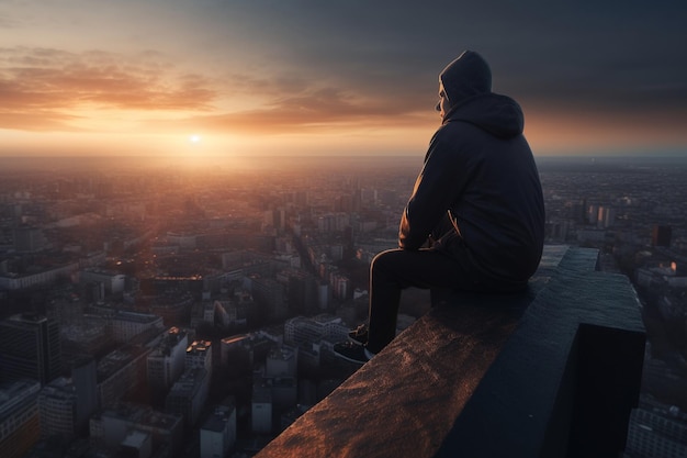 Samotny mężczyzna patrzący na miasto z wysokiego punktu Ilustracja generatywna AI