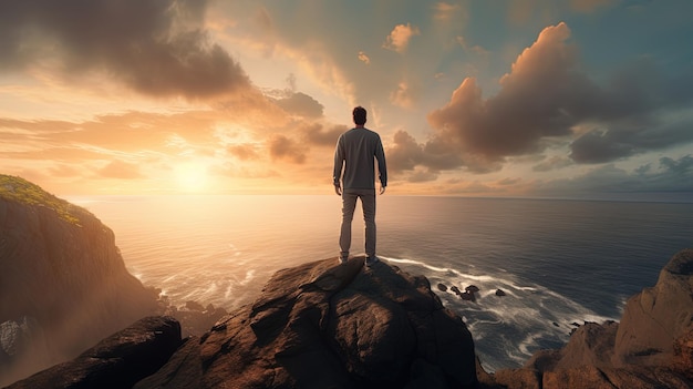 Samotny mężczyzna stojący na górze i podziwiający piękno natury o zachodzie słońca