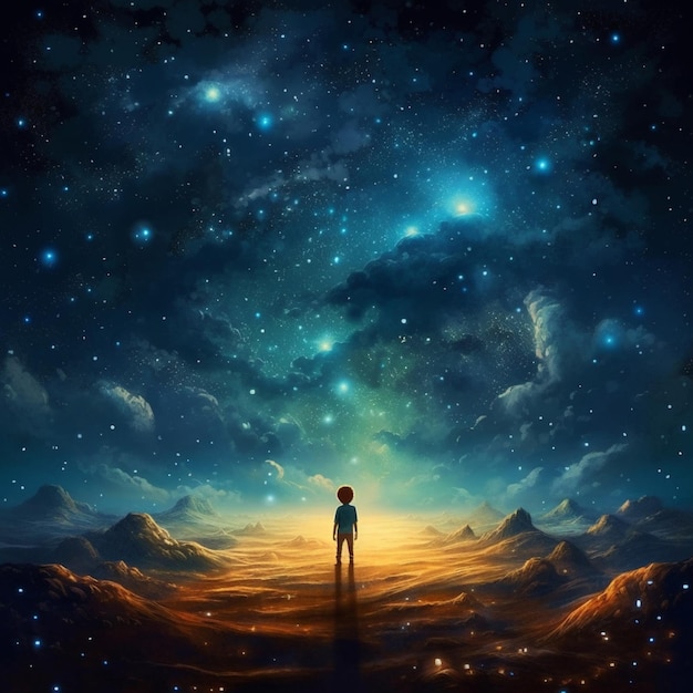 Samotny mężczyzna stojący na polu patrzący na gwiazdy generatywne ai