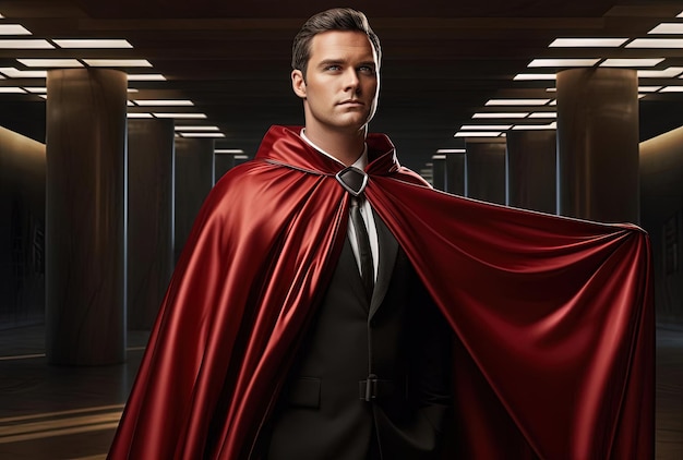 Zdjęcie samotny mężczyzna w czerwonej pelerynie pozujący w stylu supermana