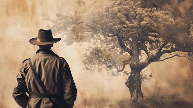 Samotny mężczyzna w kapeluszu stojący twarzą w twarz z dużym drzewem w oddzielnym krajobrazie